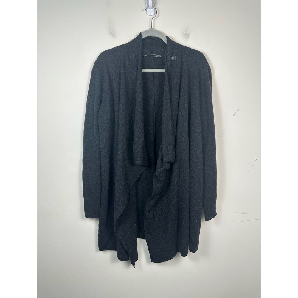 AllSaints Long Jaque Cardigan Women Size 10 Gray EUC Wool Cashmere Cross Front
